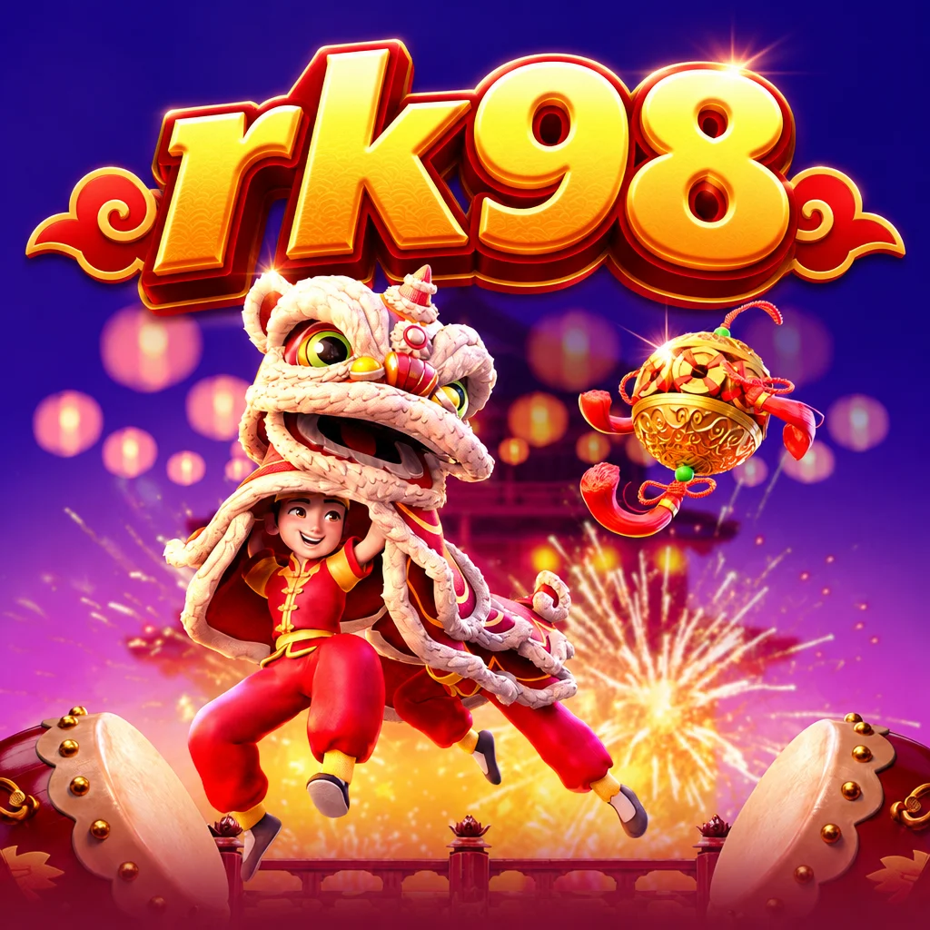 rk98 Prosperity Lion menampilkan singa barongsai dan koin emas